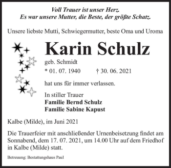 Traueranzeige von Karin Schulz (geb. Schmidt)  von Magdeburger Volksstimme