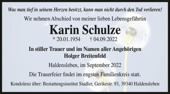 Traueranzeige von Karin Schulze  von Magdeburger Volksstimme