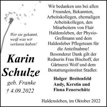 Traueranzeige von Karin Schulze (geb. Franke)  von Magdeburger Volksstimme