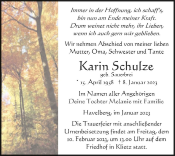 Traueranzeige von Karin Schulze (geb. Sauerbrei)  von Magdeburger Volksstimme