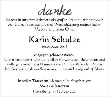 Traueranzeige von Karin Schulze (geb. Sauerbrei)  von Magdeburger Volksstimme