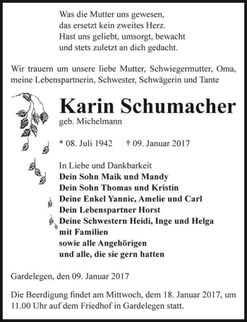Traueranzeige von Karin Schumacher (geb. Michelmann)  von Magdeburger Volksstimme
