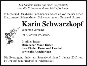 Traueranzeige von Karin Schwarzkopf (geb. Vorhauer)  von Magdeburger Volksstimme