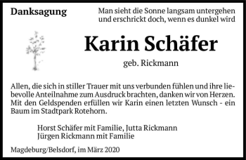 Traueranzeige von Karin Schäfer (geb. Rickmann)  von Magdeburger Volksstimme