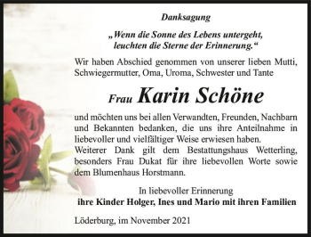 Traueranzeige von Karin Schöne  von Magdeburger Volksstimme
