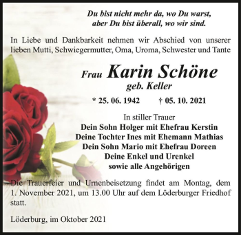 Traueranzeige von Karin Schöne (geb. Keller)  von Magdeburger Volksstimme