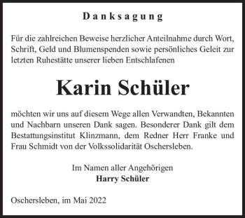 Traueranzeige von Karin Schüler  von Magdeburger Volksstimme