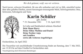 Traueranzeige von Karin Schüler (geb. Jordan)  von Magdeburger Volksstimme