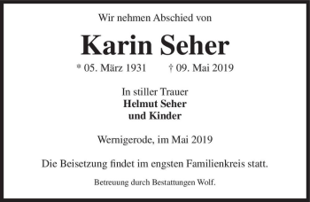 Traueranzeige von Karin Seher  von Magdeburger Volksstimme