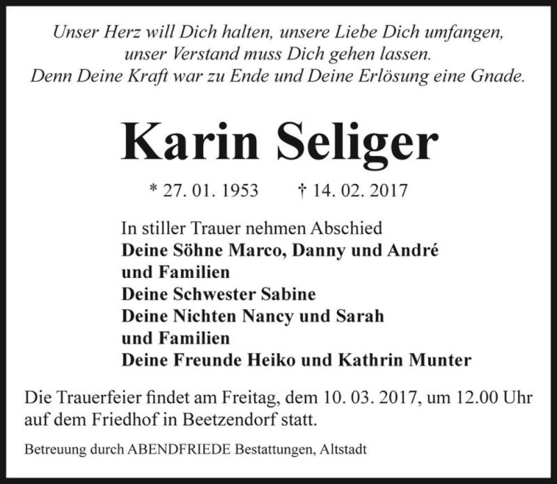  Traueranzeige für Karin Seliger  vom 25.02.2017 aus Magdeburger Volksstimme