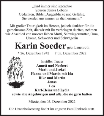 Traueranzeige von Karin Soeder (geb. Lauenroth)  von Magdeburger Volksstimme