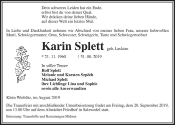Traueranzeige von Karin Splett (geb. Leskien)  von Magdeburger Volksstimme