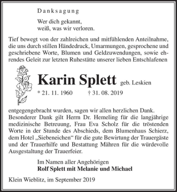 Traueranzeige von Karin Splett (geb. Leskien)  von Magdeburger Volksstimme