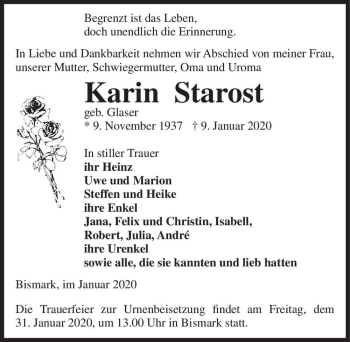 Traueranzeige von Karin Starost (geb. Glaser)  von Magdeburger Volksstimme