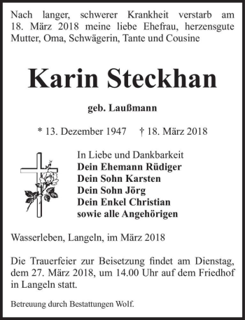 Traueranzeige von Karin Steckhan (geb. Laußmann)  von Magdeburger Volksstimme