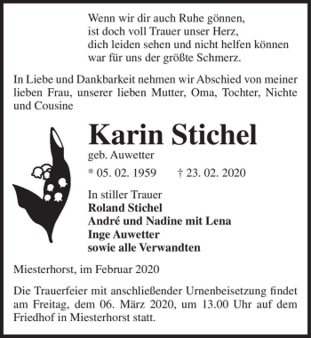 Traueranzeige von Karin Stichel (geb. Auwetter)  von Magdeburger Volksstimme