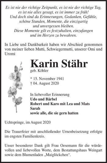Traueranzeige von Karin Stähr (geb. Köhler)  von Magdeburger Volksstimme