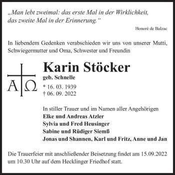 Traueranzeige von Karin Stöcker (geb. Schnelle)  von Magdeburger Volksstimme