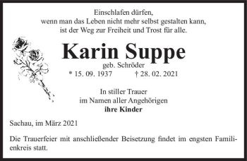 Traueranzeige von Karin Suppe (geb. Schröder)  von Magdeburger Volksstimme
