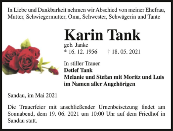 Traueranzeige von Karin Tank (geb. Janke)  von Magdeburger Volksstimme