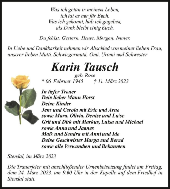 Traueranzeige von Karin Tausch (geb. Rose)  von Magdeburger Volksstimme