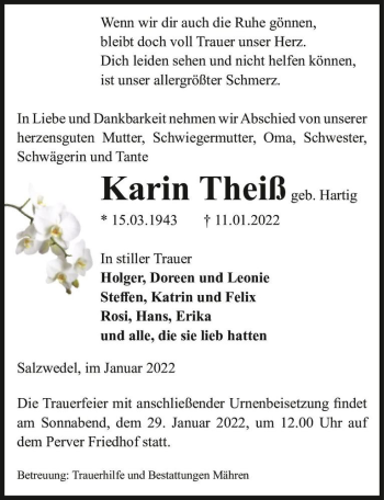 Traueranzeige von Karin Theiß (geb. Hartig)  von Magdeburger Volksstimme