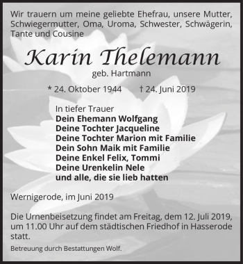 Traueranzeige von Karin Thelemann (geb. Hartmann)  von Magdeburger Volksstimme
