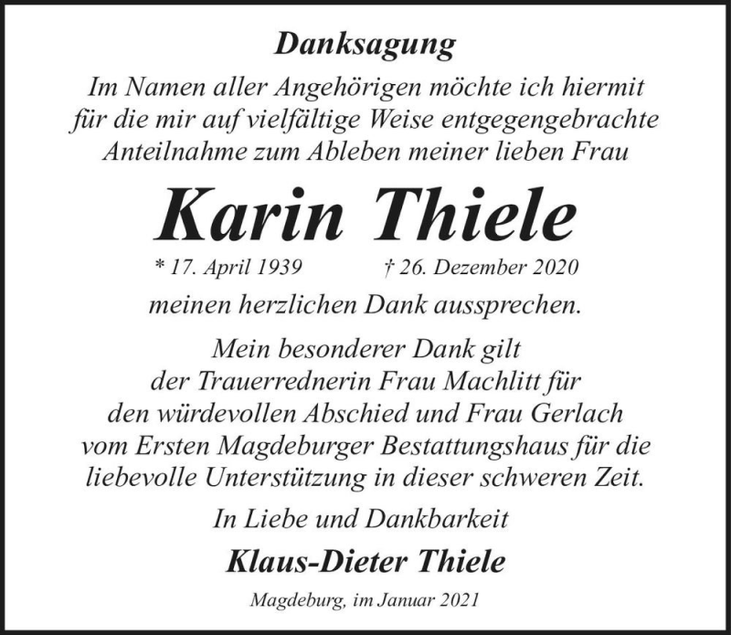  Traueranzeige für Karin Thiele  vom 06.02.2021 aus Magdeburger Volksstimme