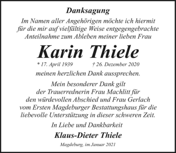Traueranzeige von Karin Thiele  von Magdeburger Volksstimme