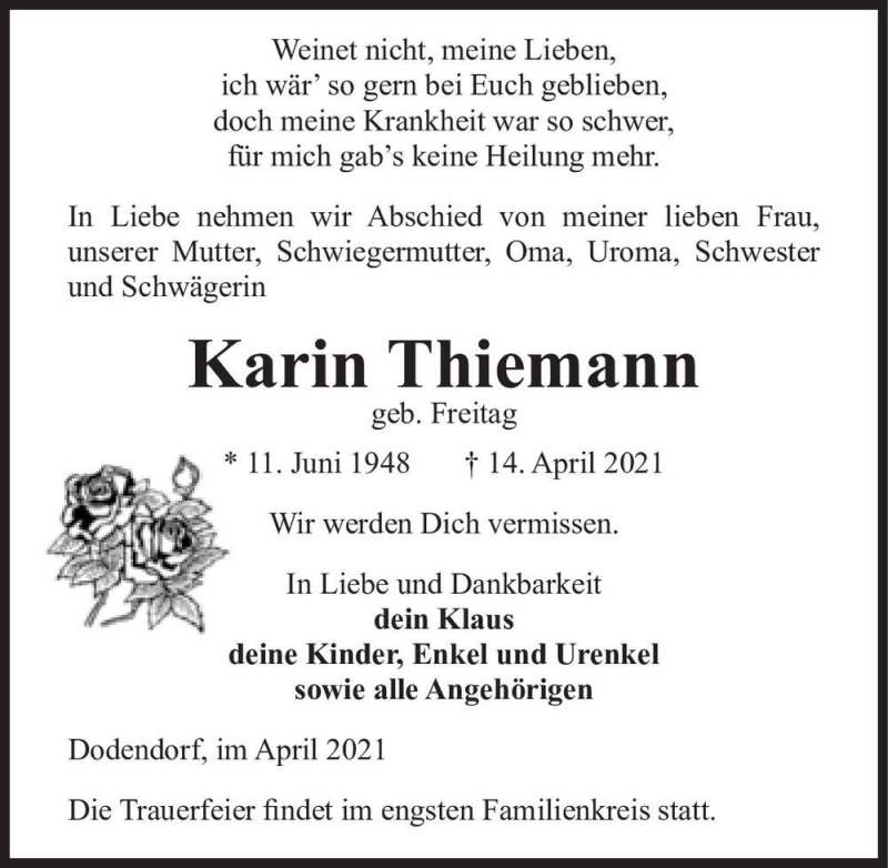  Traueranzeige für Karin Thiemann (geb. Freitag)  vom 17.04.2021 aus Magdeburger Volksstimme