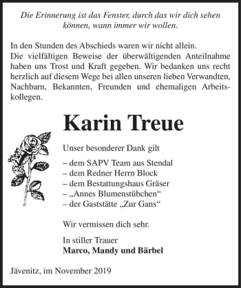 Traueranzeige von Karin Treue  von Magdeburger Volksstimme