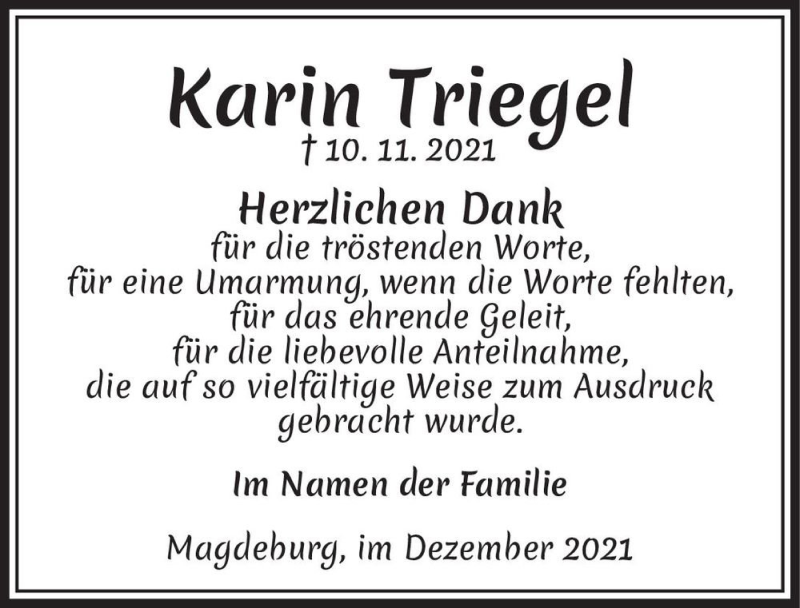  Traueranzeige für Karin Triegel  vom 18.12.2021 aus Magdeburger Volksstimme