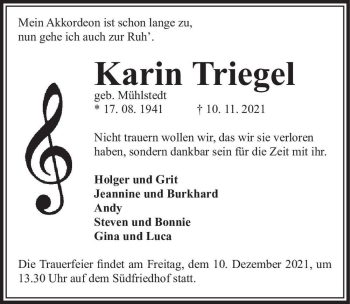 Traueranzeige von Karin Triegel (geb. Mühltstedt)  von Magdeburger Volksstimme