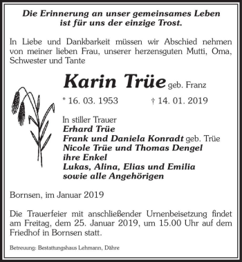 Traueranzeige von Karin Trüe (geb. Franz)  von Magdeburger Volksstimme