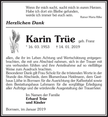 Traueranzeige von Karin Trüe (geb. Franz)  von Magdeburger Volksstimme