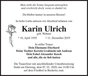 Traueranzeige von Karin Ulrich (geb. Wehner)  von Magdeburger Volksstimme