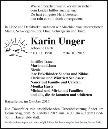 Traueranzeige von Karin Unger (geb. Hurtz)  von Magdeburger Volksstimme