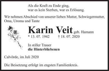 Traueranzeige von Karin Veit (geb. Hamann)  von Magdeburger Volksstimme