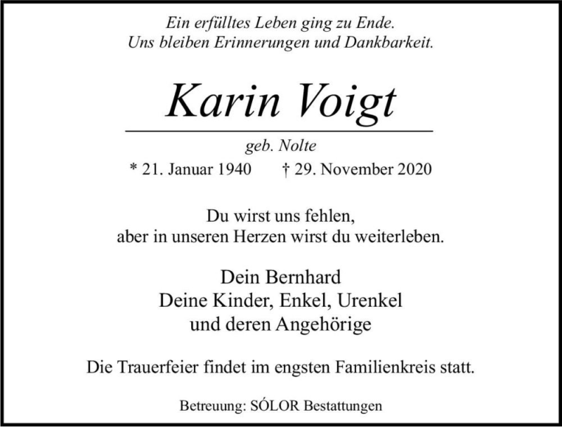  Traueranzeige für Karin Voigt (geb. Nolte)  vom 12.12.2020 aus Magdeburger Volksstimme