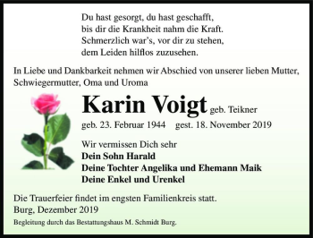 Traueranzeige von Karin Voigt (geb. Teikner)  von Magdeburger Volksstimme