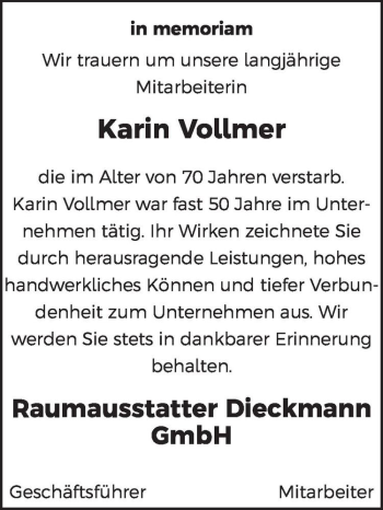 Traueranzeige von Karin Vollmer  von Magdeburger Volksstimme