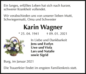 Traueranzeige von Karin Wagner  von Magdeburger Volksstimme