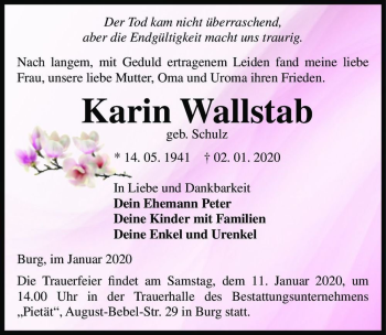 Traueranzeige von Karin Wallstab (geb. Schulz)  von Magdeburger Volksstimme