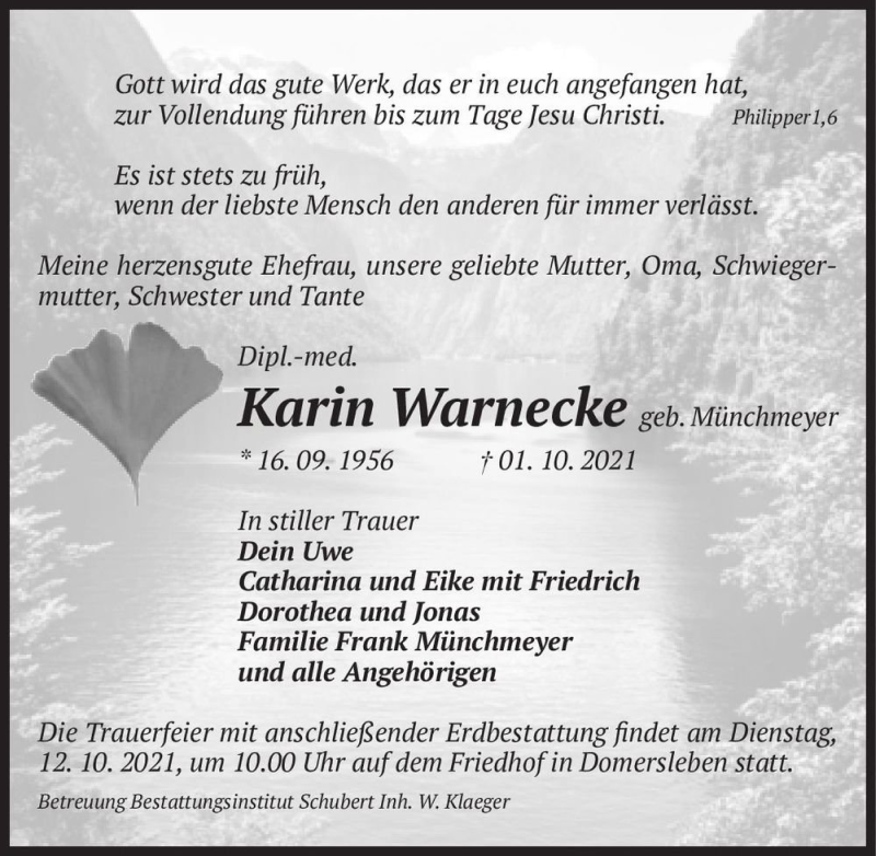  Traueranzeige für Karin Warnecke (geb. Münchmeyer)  vom 06.10.2021 aus Magdeburger Volksstimme