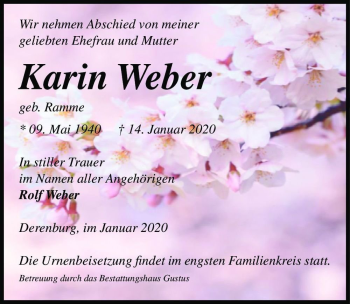 Traueranzeige von Karin Weber (geb. Ramme)  von Magdeburger Volksstimme