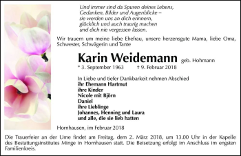 Traueranzeige von Karin Weidemann (geb. Hohmann)  von Magdeburger Volksstimme