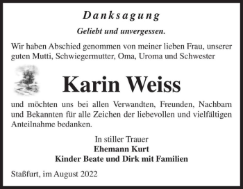 Traueranzeige von Karin Weiss  von Magdeburger Volksstimme