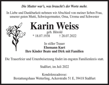 Traueranzeige von Karin Weiss (geb. Hörold)  von Magdeburger Volksstimme