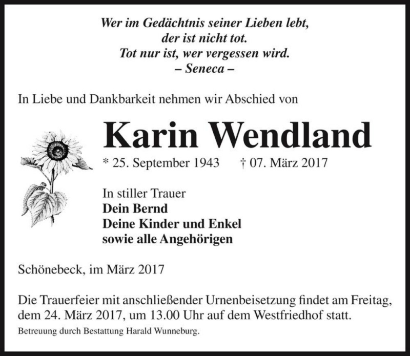  Traueranzeige für Karin Wendland  vom 11.03.2017 aus Magdeburger Volksstimme