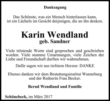 Traueranzeige von Karin Wendland (geb. Sandner)  von Magdeburger Volksstimme